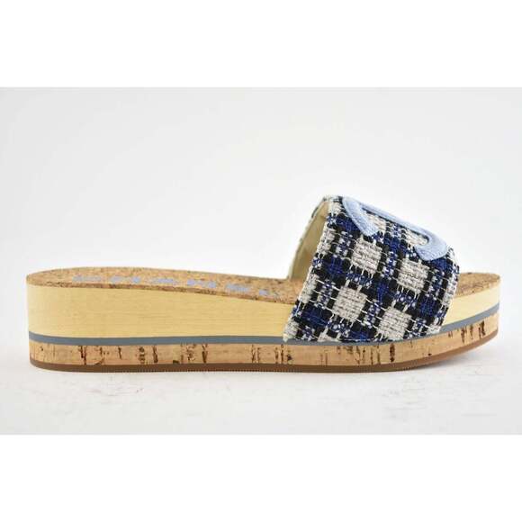 Chanel 20P Blue Tweed Denim CC Logo Cork Mule Slide Slip Platform Sandal Flat 41 - Picture 2 of 9